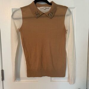 LOFT Tan and Cream Top with Embellished Collar